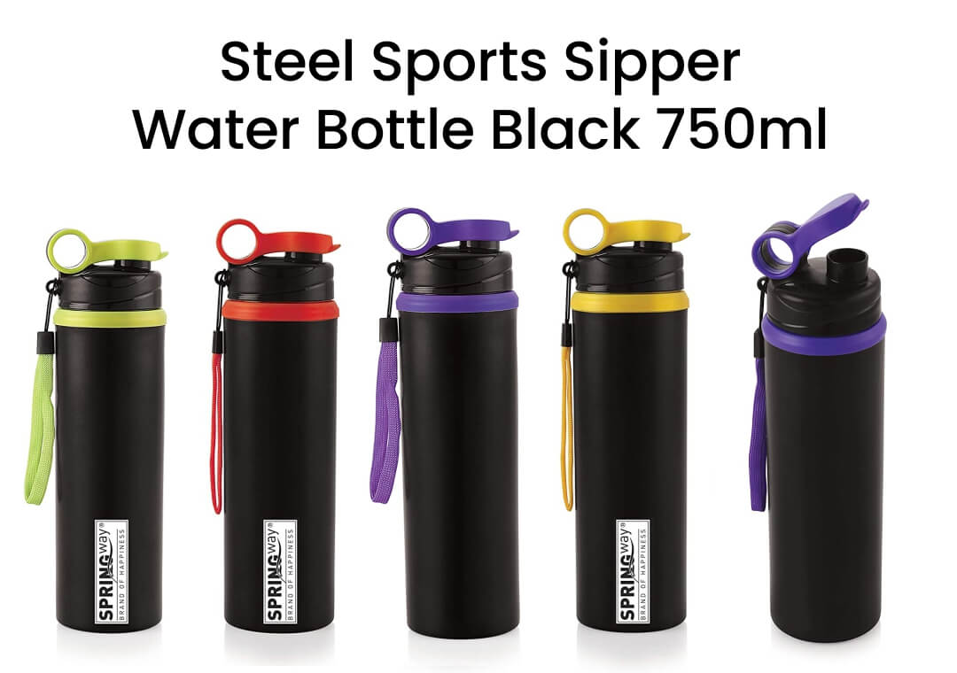 Steel Sports Sipper Water Bottle Black 750ml