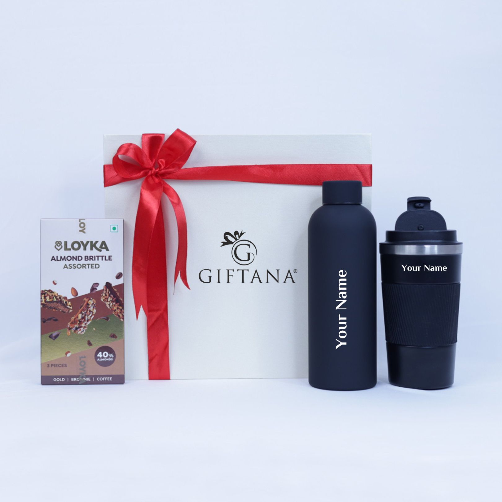 Personalized Gifting Set with Flask Bottle, Tumbler & Loyka Almond Brittle Assorted