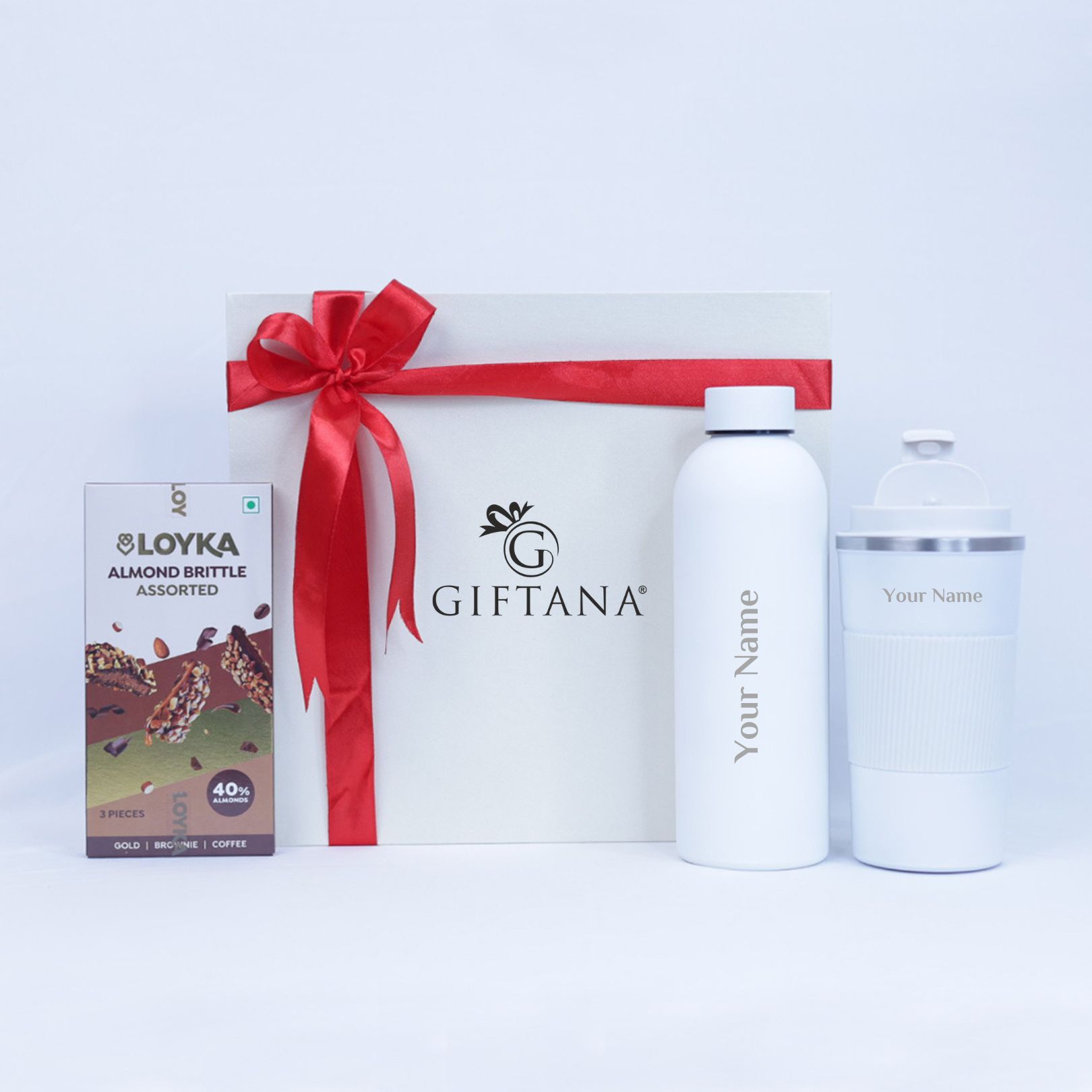 Personalized Gifting Set with Flask Bottle, Tumbler & Loyka Almond Brittle Assorted