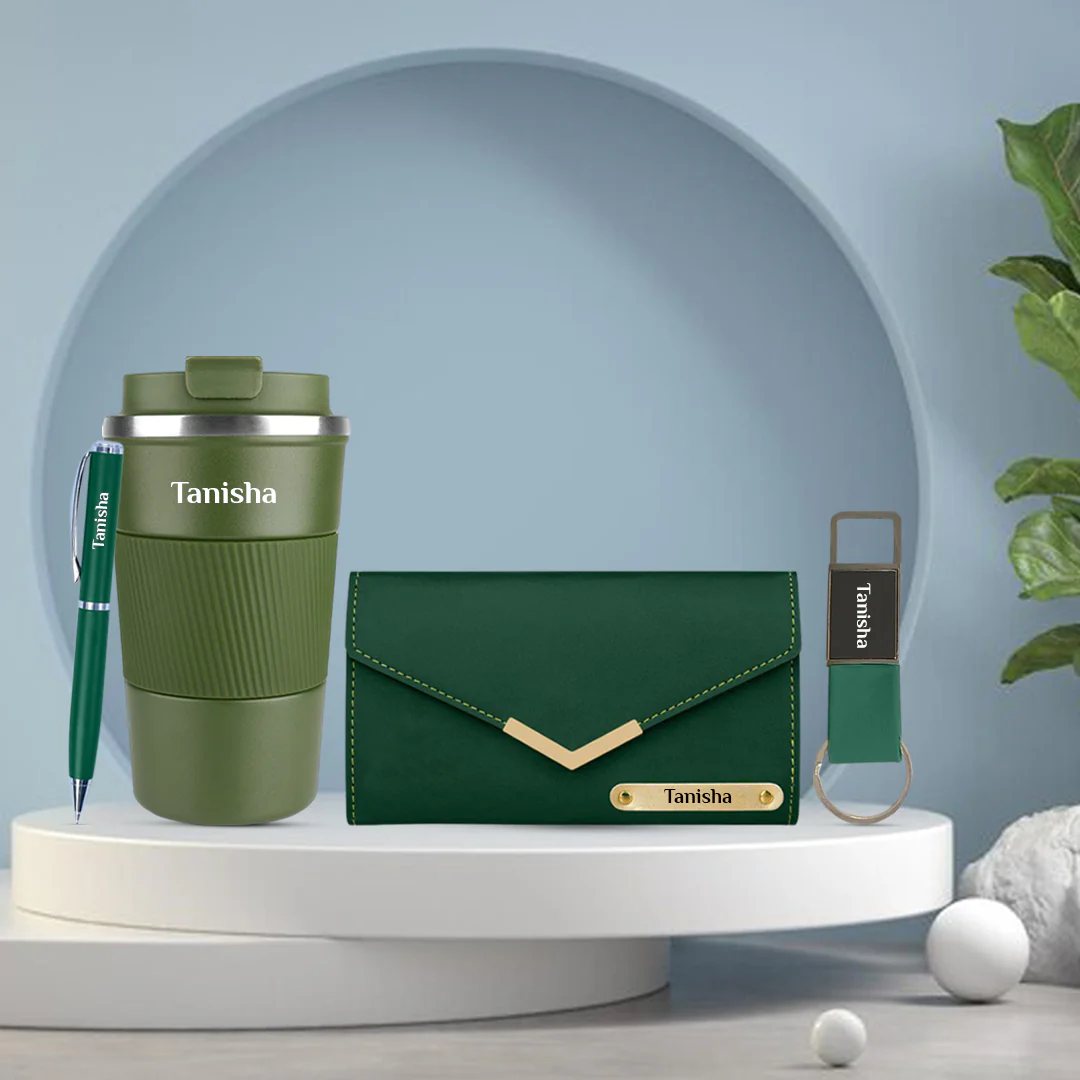 1738242509_TrendingGiftsforHerPersonalizedGreenTumbler_Wallet_Pen_Keychain